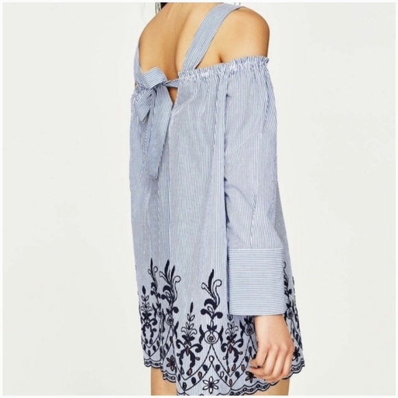 Zara Striped Floral Embroidered Shirt Mini Dress Long Sleeve Eyelets Victorian - Picture 3 of 13